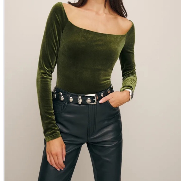 Reformation Sonora Green Velvet Long Sleeve Top - Picture 2 of 5
